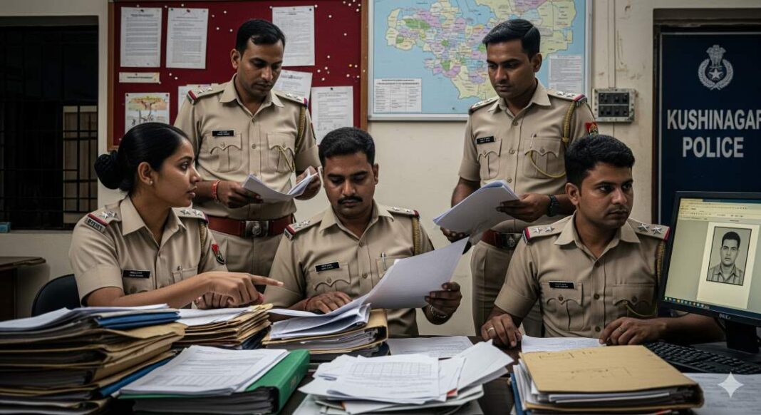 कुशीनगर पुलिस की एक विशेष टीम बैठक करते हुए और क्रिमिनल रिकॉर्ड का विश्लेषण करते हुए।