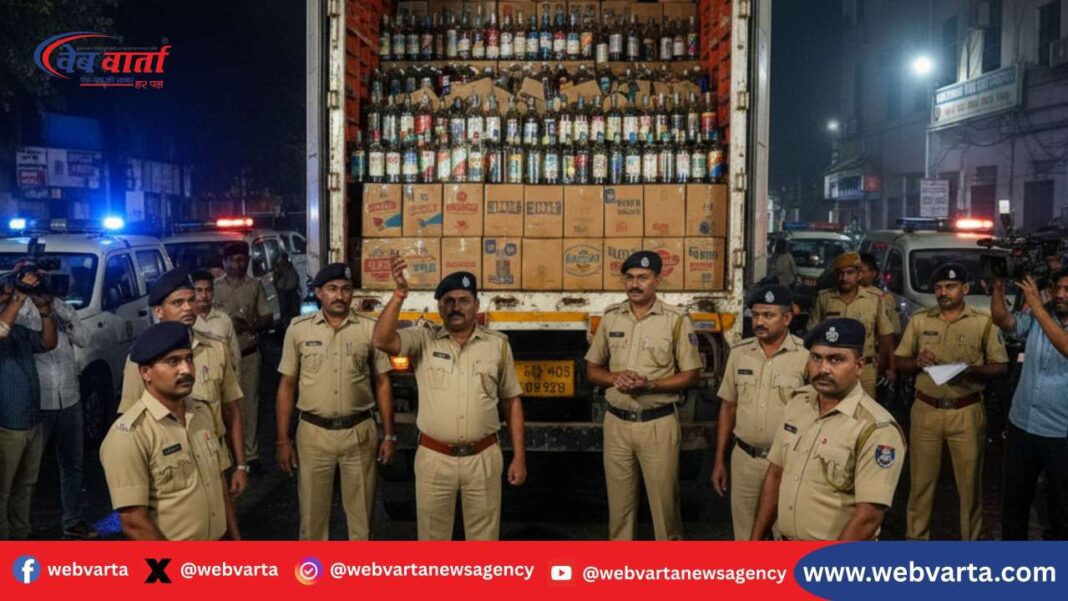 दिल्ली पुलिस द्वारा गाजीपुर में अवैध शराब से भरा ट्रक जब्त 2025