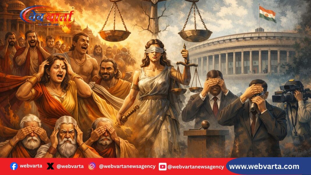 महाभारत का हस्तिनापुर और आधुनिक लोकतंत्र में मौन पर आधारित प्रतीकात्मक चित्र