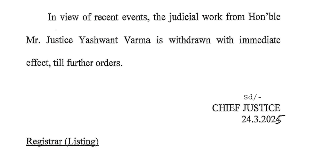 Withrawal of Judicial Work Justice Yashwant Verma
