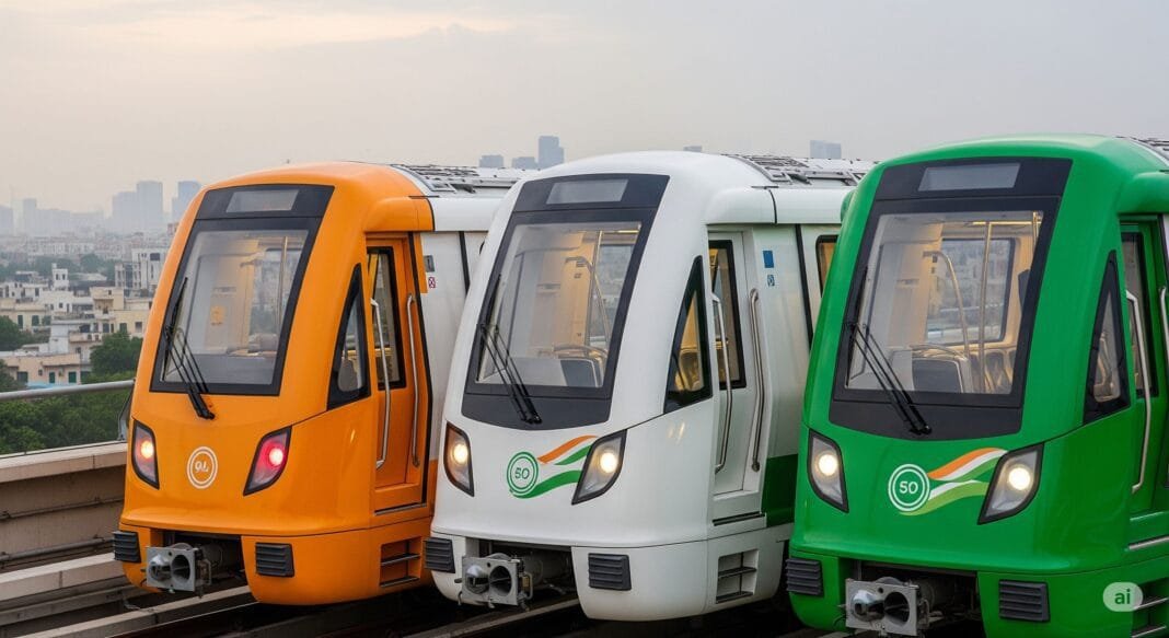 तिरंगा थीम में सजाई गई दिल्ली मेट्रो की नई ड्राइवरलेस मेट्रो ट्रेन (AI)