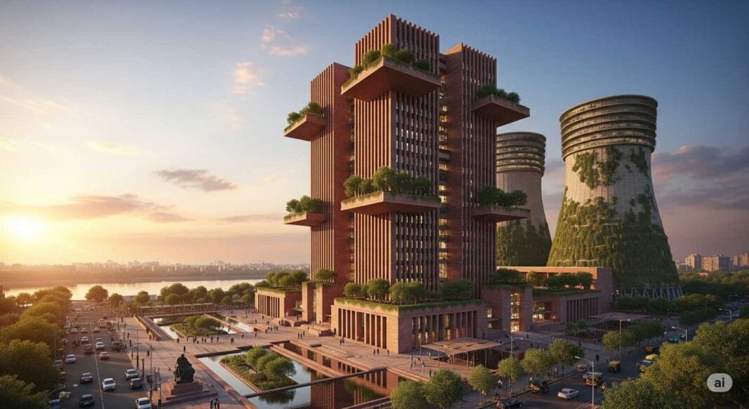 राजघाट पर प्रस्तावित दिल्ली सरकार सचिवालय की 35 मंजिला इमारत की योजना (प्रतीकात्मक चित्र, साभार - जैमिनी AI)