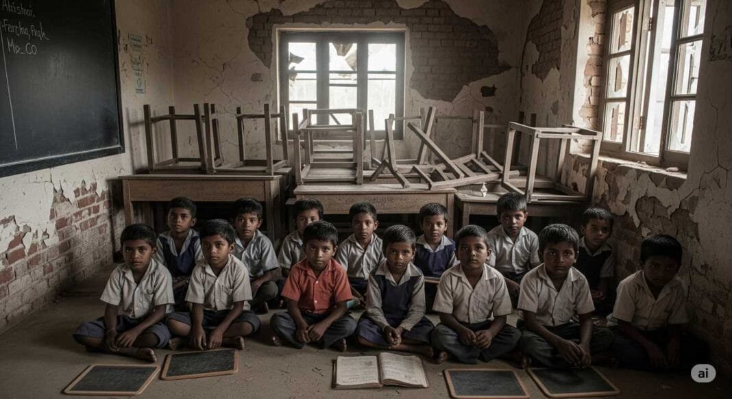 शाहाबाद के एक सरकारी प्राथमिक स्कूल में बच्चों की बदहाल पढ़ाई की तस्वीर (प्रतीकात्मक चित्र, साभार-जैमिनी AI)
