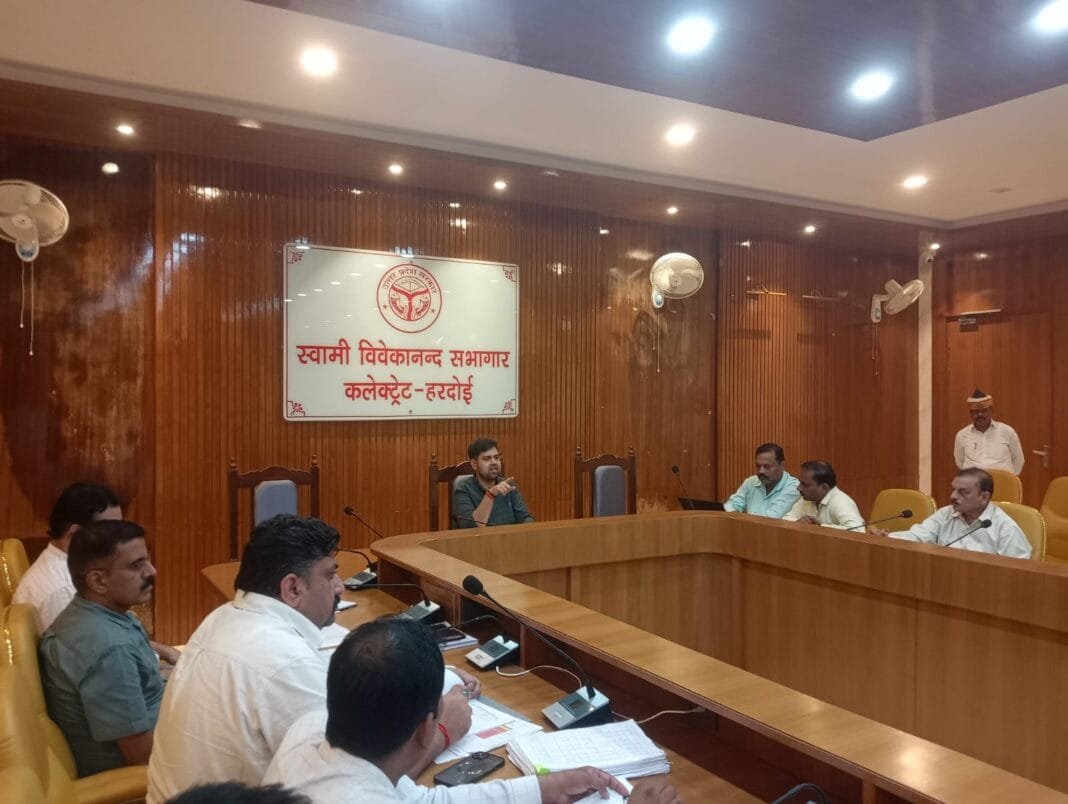 जिलाधिकारी अनुनय झा बैंक अधिकारियों संग बैठक करते हुए