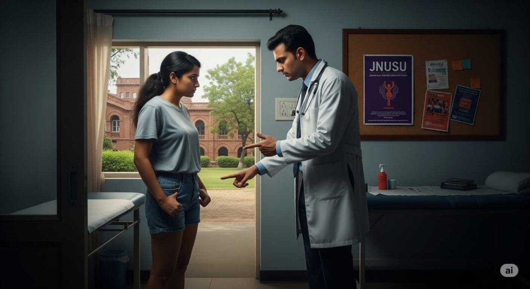 jnusu-condemns-doctor-comment-on-student-dress जेएनयू हेल्थ सेंटर में कपड़ों पर टिप्पणी को लेकर छात्र संघ का विरोध प्रदर्शन