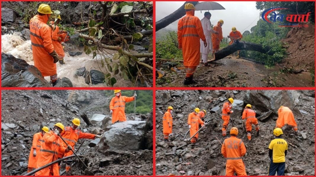 NDRF Rescue Rudraprayag रुद्रप्रयाग के छैनागाड़ गांव में बादल फटने के बाद NDRF की रेस्क्यू टीम मलबा हटाते हुए