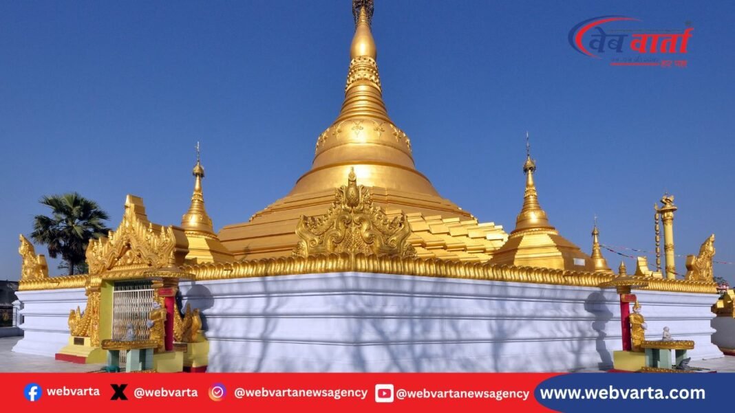 कुशीनगर म्यांमार मंदिर परिसर में ज्ञानेश्वर स्तूप और बौद्ध वास्तुकला