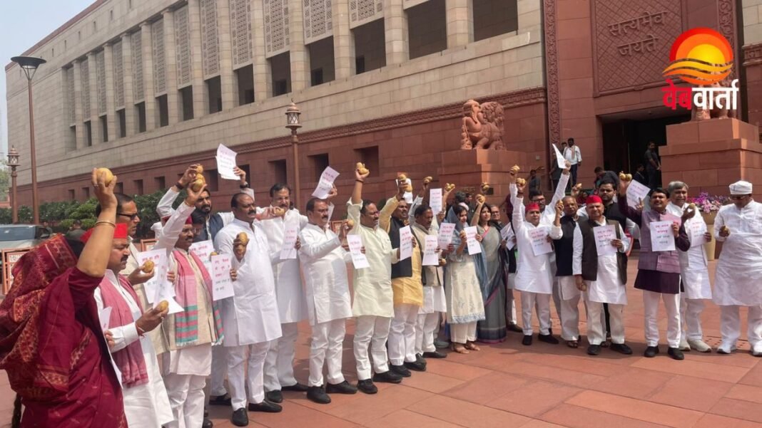 Samajwadi Party Potato Protest Parliament सपा सांसद आलू प्रदर्शन संसद