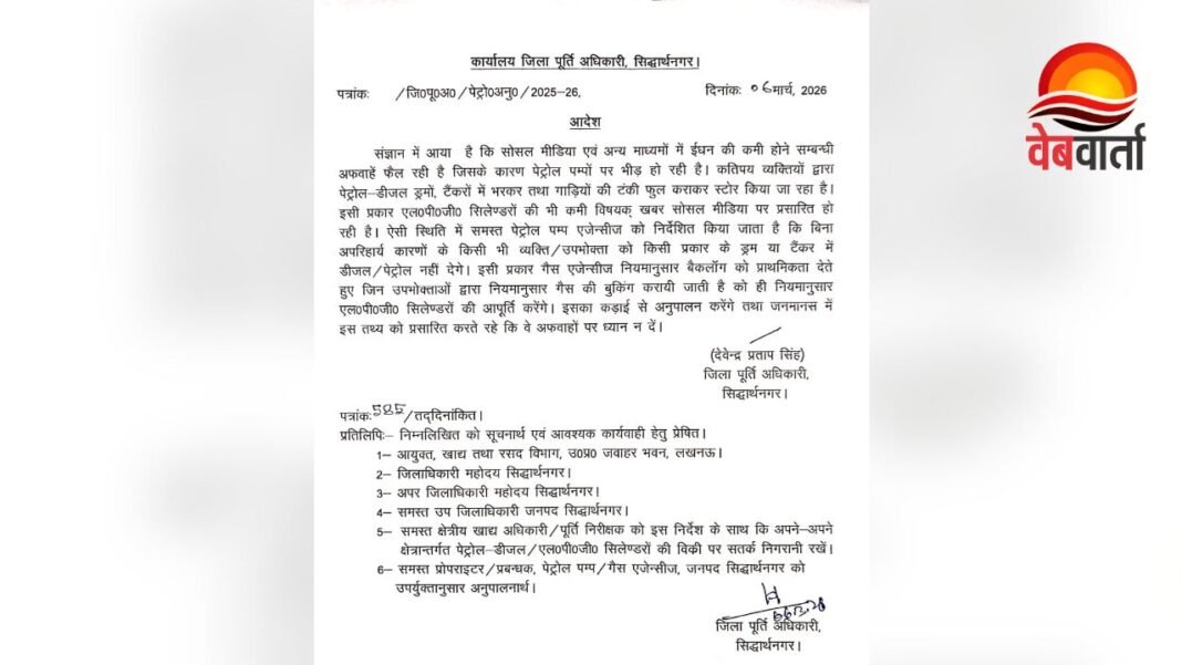Siddharthnagar Fuel Rumor – पेट्रोल डीजल अफवाह पर जिला पूर्ति अधिकारी का पत्र