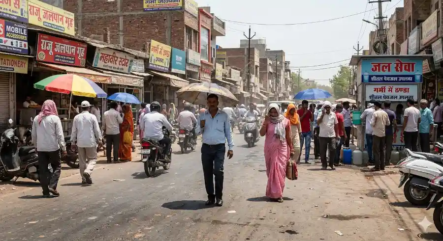 भीषण गर्मी में तपती सड़क पर चलते लोग और तेज धूप का दृश्य