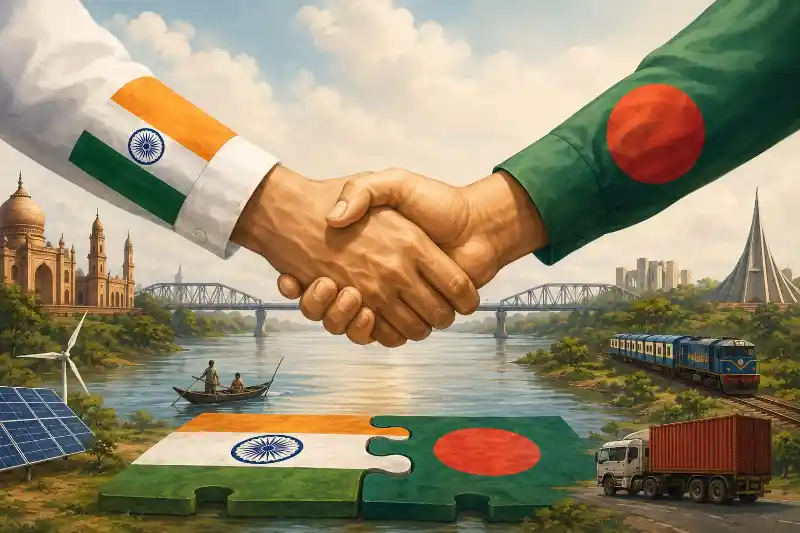 भारत और बांग्लादेश के राष्ट्रीय ध्वजों के साथ द्विपक्षीय संबंधों में बढ़ते अविश्वास, तीस्ता जल विवाद, सीमा मुद्दों और दक्षिण एशियाई भू-राजनीतिक चुनौतियों को दर्शाती प्रतीकात्मक तस्वीर।